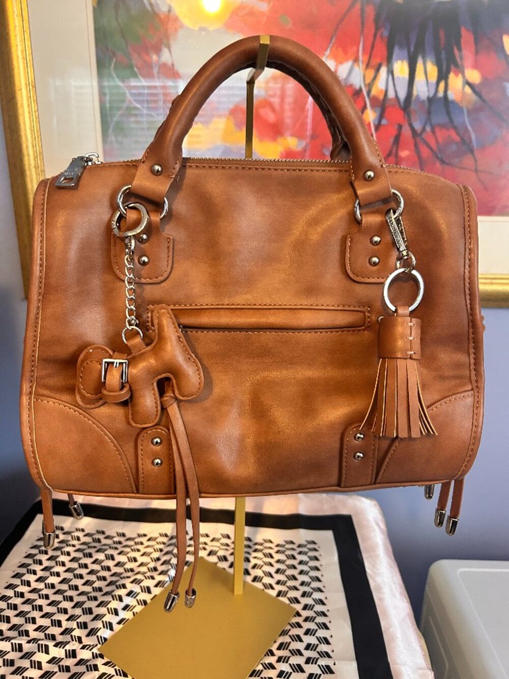 Steve Madden Tan/Brown Leather Satchel with Detachable Tassel and Puppy Keychain